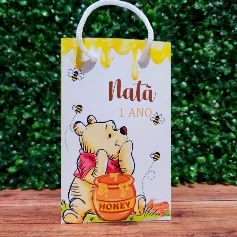 Sacolinha Surpresa Personalizada Ursinho Pooh Aquarela Lembrancinha de Aniversário Festa Infantil