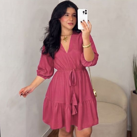 Vestido Curto Manga 3/4 Moda Femenino em Tecido Duna