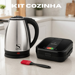 Kit Sanduicheira Grill Antiaderente Elétrica 127v/220v + Chaleira Elétrica em Aço Inox 1,8L