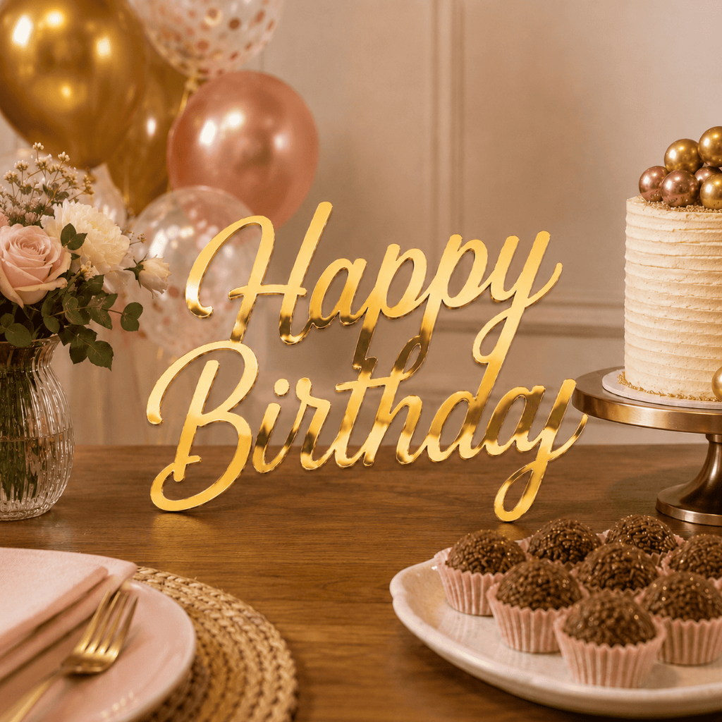 Frase Decorativa Happy Birthday Acrílico Espelhado 30x19cm Lettering Aplique Parede Festa Aniversário Decoração