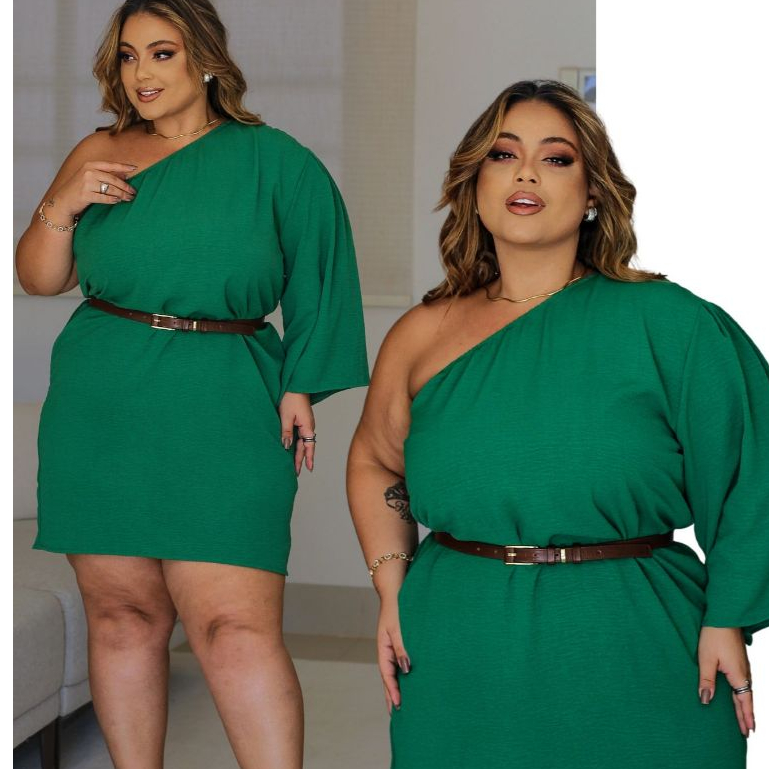 Vestido Plus Size Elegante Uma Manga Só Preto Moderno Confortável Festa Noite Evento Casamento G1 G2