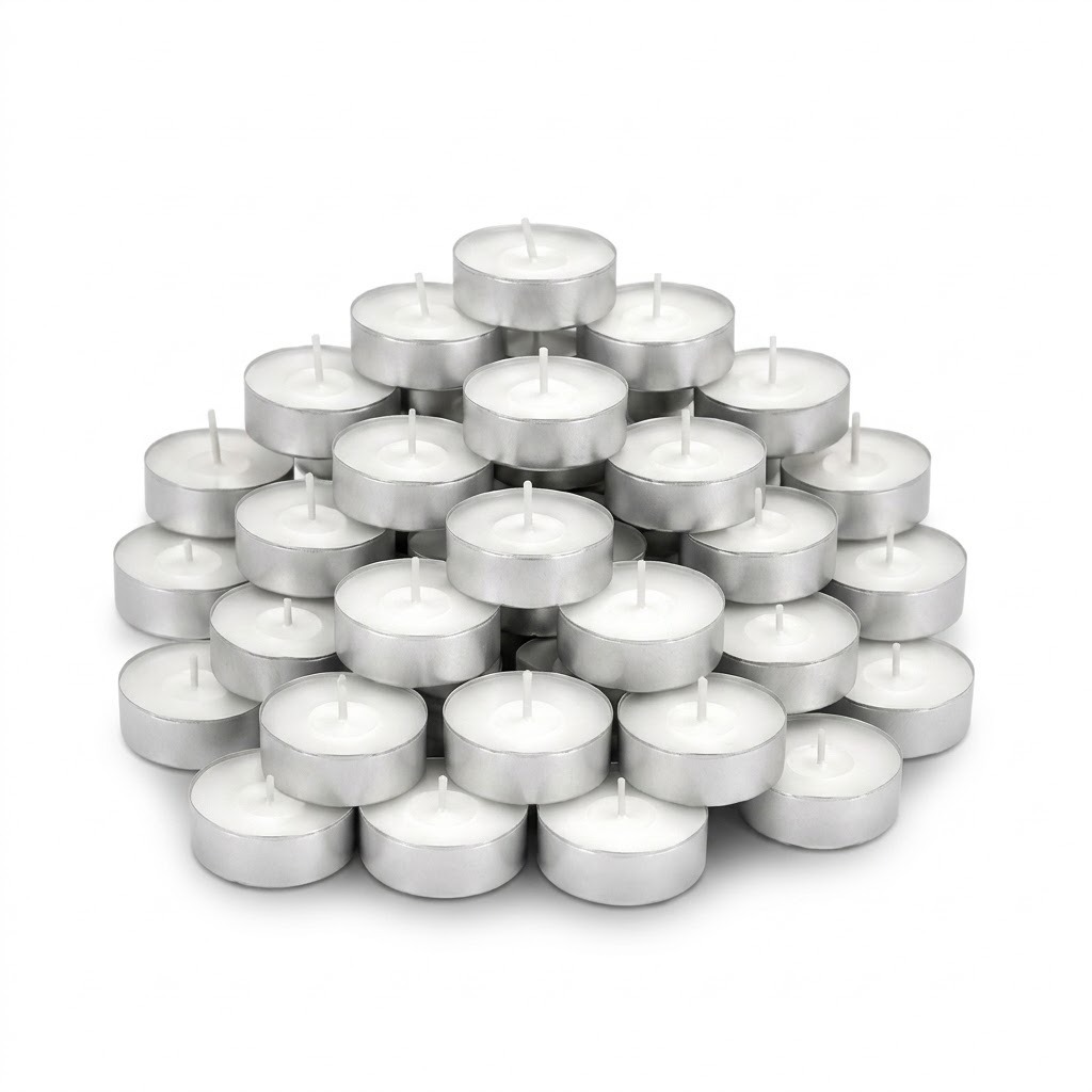 Kit 50 Velas Rechaud Decorativas Brancas 4 Horas De Queima Com Base De Alumínio Para Festas Casamentos E Réchaud