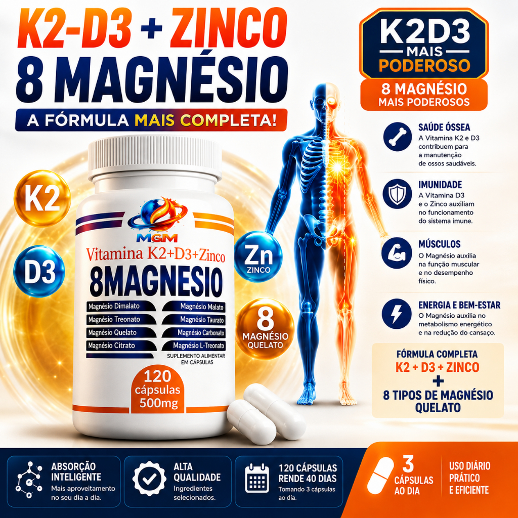Magnésio Turbo com Vitamina K2 D3 e Zinco