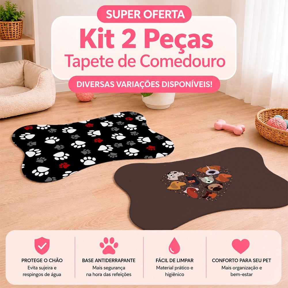Kit 2 Tapetes Comedouro Pet Antiderrapante Lavável | Tapete para Ração Cachorro e Gato | Base Emborrachada