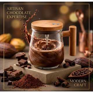 Caneca Auto Agitadora Vidro Cabo Madeira 400ml Mixer Elétrica Café Whey Recarregável 7000RPM
