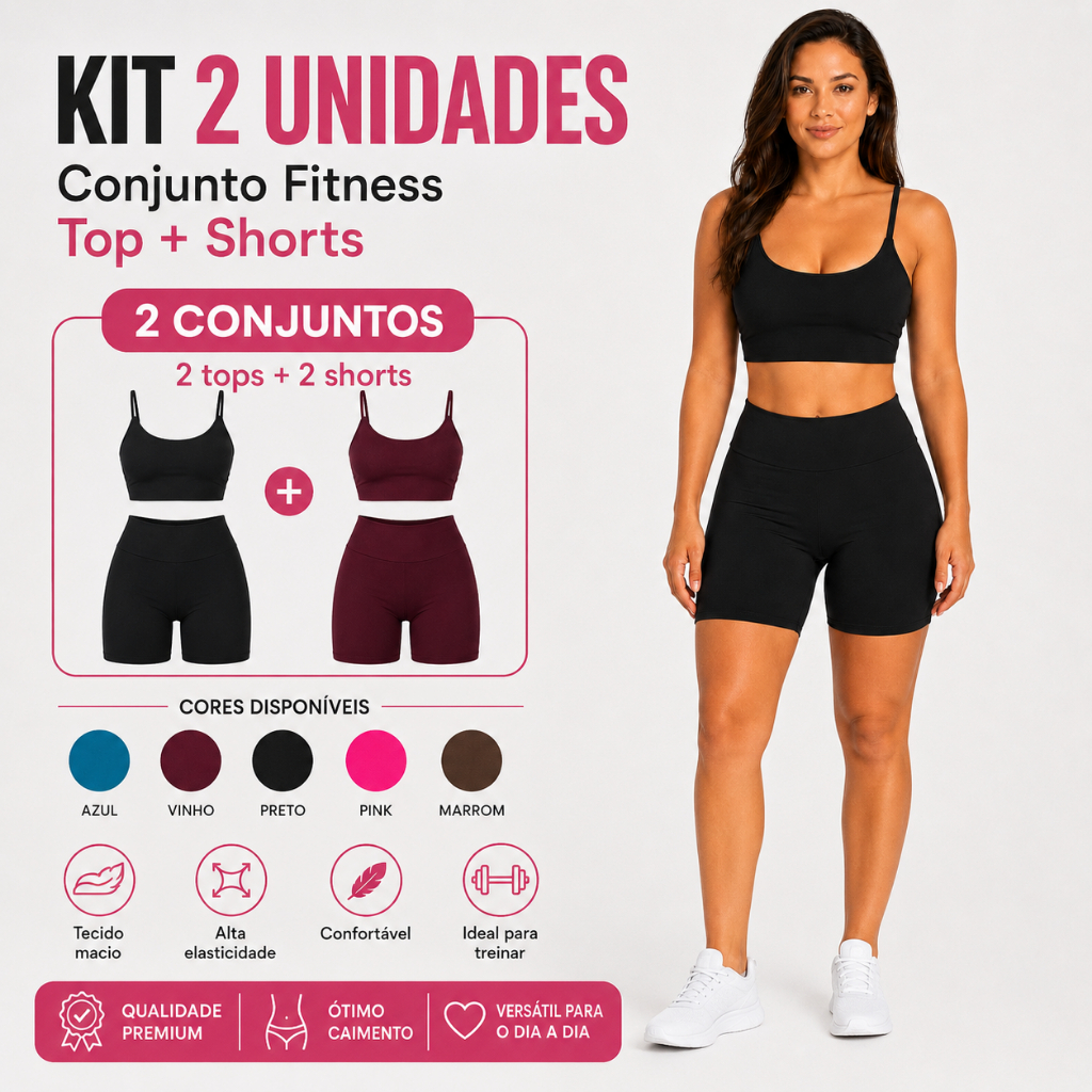 Kit 2 Conjunto Conjunto  Fitness Feminino Shorts + Top de Alça Fina em Suplex