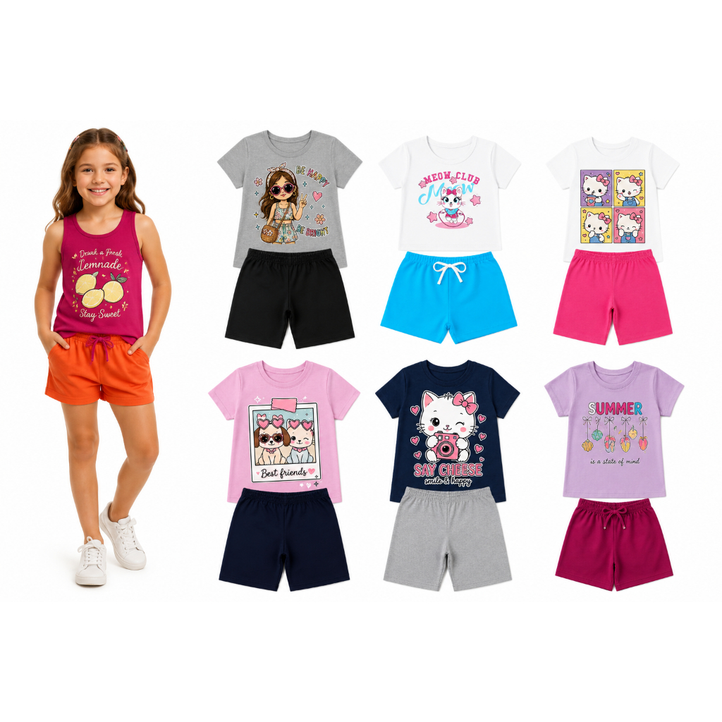 Conjunto Infantil Feminino Kit 7 Conjuntos Menina 14 Peças Blusas e Shorts Verão Sortidos