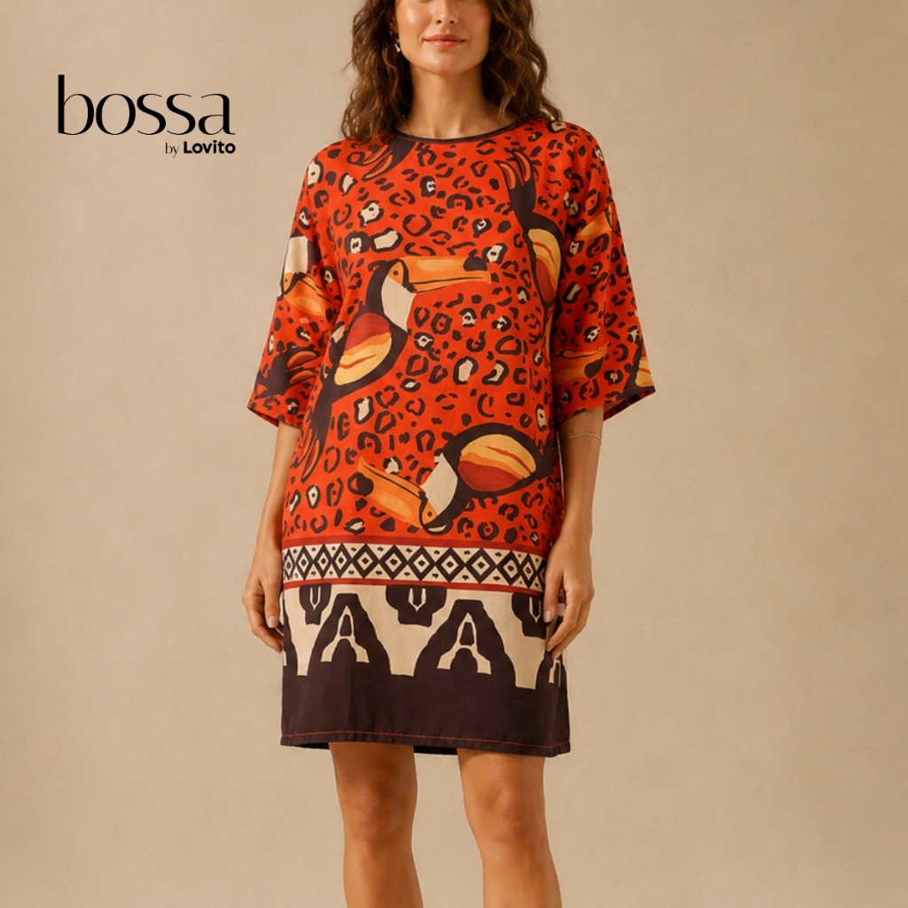 Lovito Bossa Vestido Estampado Feminino Casual Estilo Solto Manga 3/4 Moda Verão