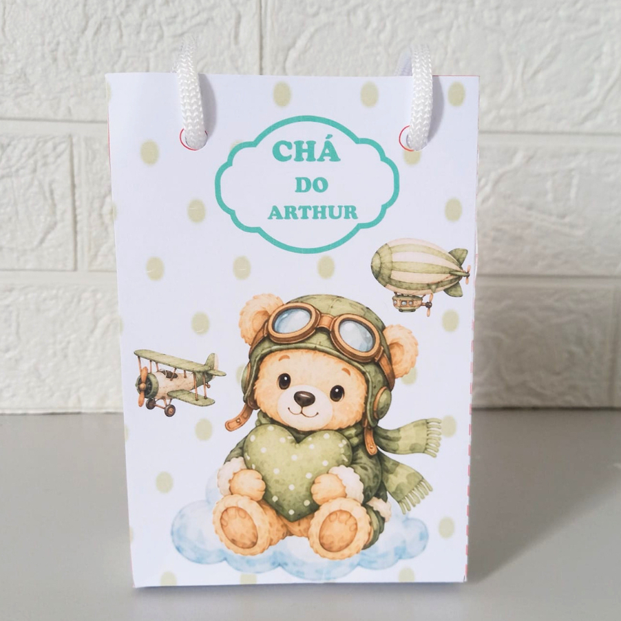 Sacolinha Ursinho Verde Aviador Personalizada| Lembrancinhas|Aniversário|mesversário|supresa