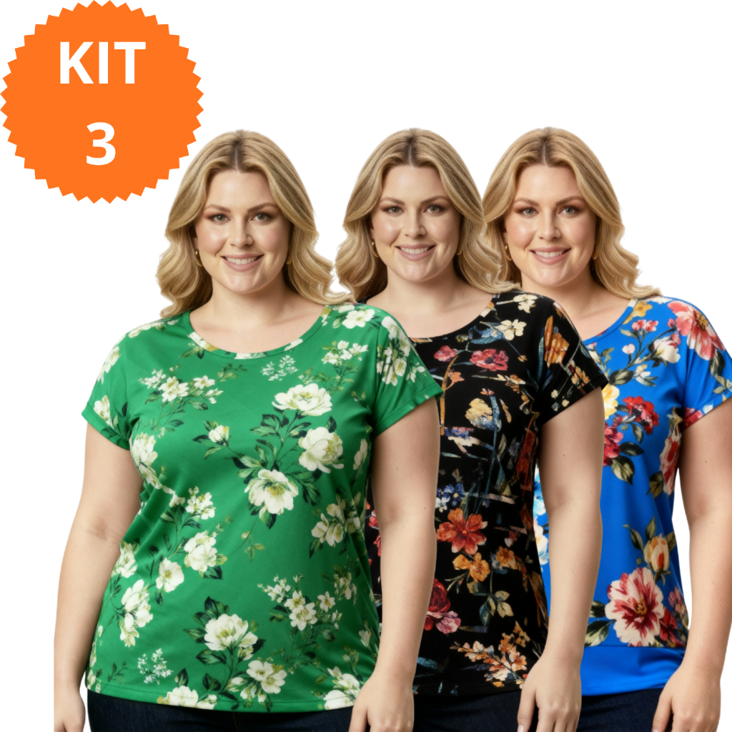 Kit 3 Blusas Femininas Liganete com Manga Plus Size Art da Sedução | Malha Fria | Estampas Variadas | G1 G2