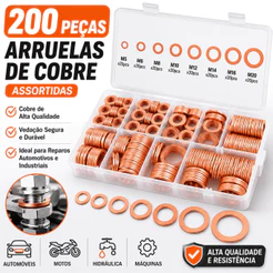 200 Peças Conjunto De Junta De Arruela De Cobre Vedação De Anel Plano Sortido Para Reparos De Automóveis