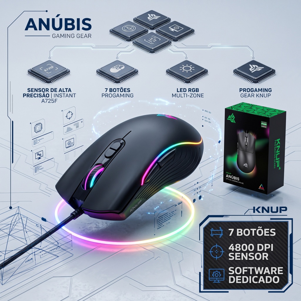 Mouse Gamer Profissional RGB 4800 DPI Alta Precisão 7 Botões Ergonômico para PC Notebook