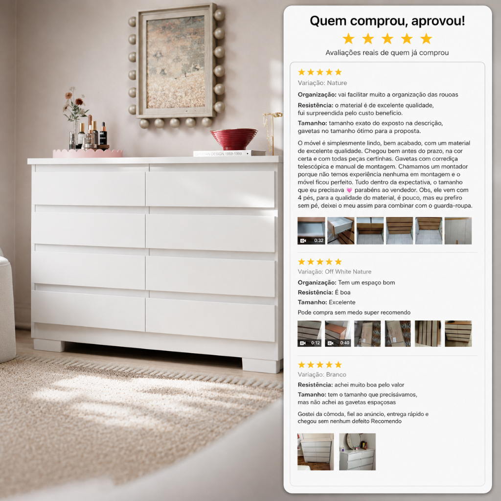 Cômoda 8 Gavetas Para Quarto Casal Com Pés E Corrediça Telescópica Grande Organizador Roupas Grécia · foto 2