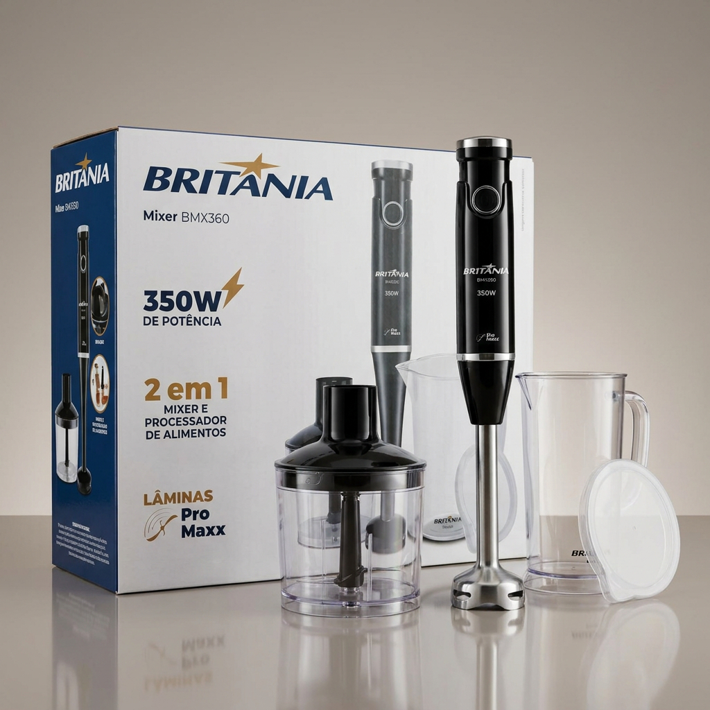 Mixer Britânia 2 em 1 BMX360 350W 220V com Mini Processador de Alimentos 600ml Copo 1,05L Lâminas Inox Tritura e Mistura