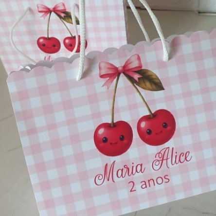 Sacolinha para lembrancinha Personalizada Cerejinha |Kit 10,25,50 unidades |Nome e Idade| Sacola Personalizada
