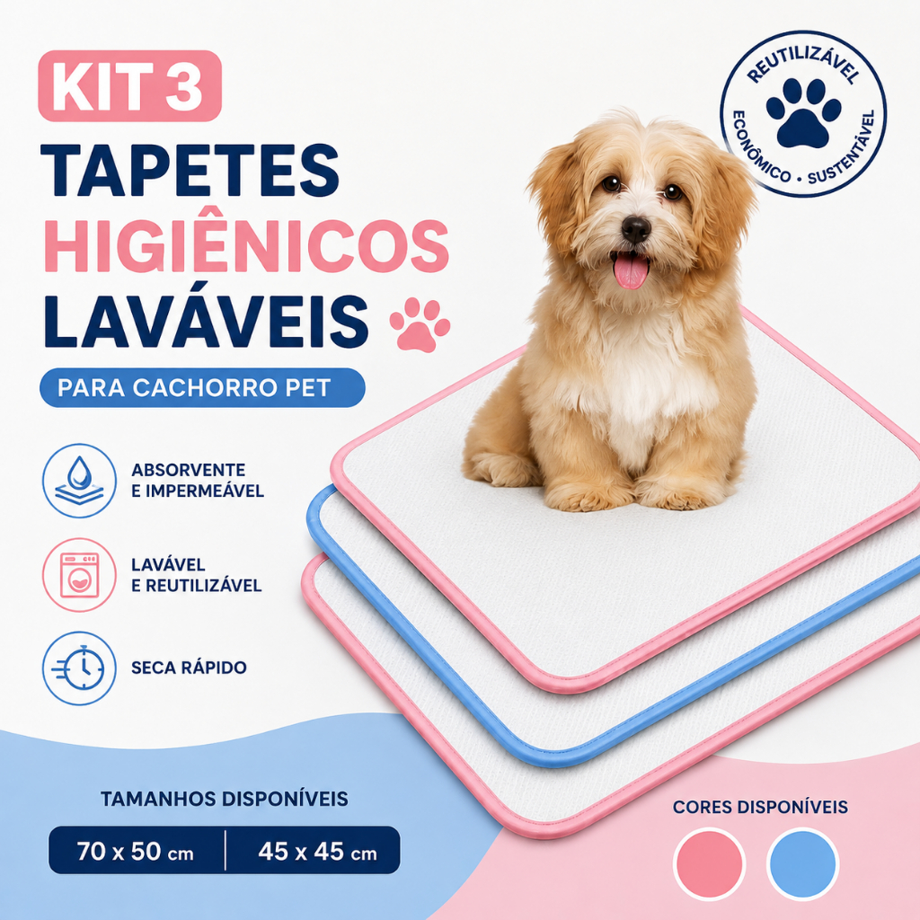 Kit 3 Tapetes Higiênicos Laváveis para Cachorro Pet Reutilizável Absorvente 45x45 ou 70x50