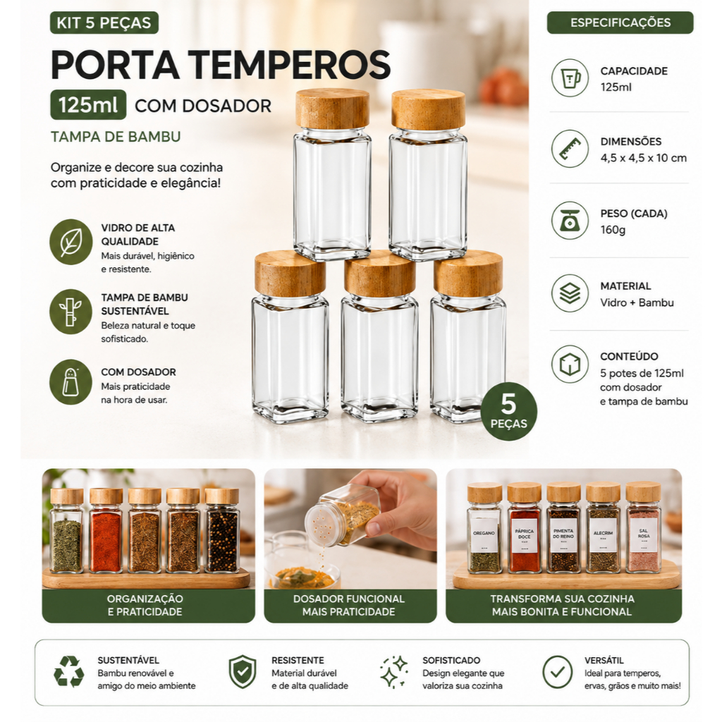 Kit 5 Porta Temperos de Vidro Com Dosador 125ml Tampa De Bambu