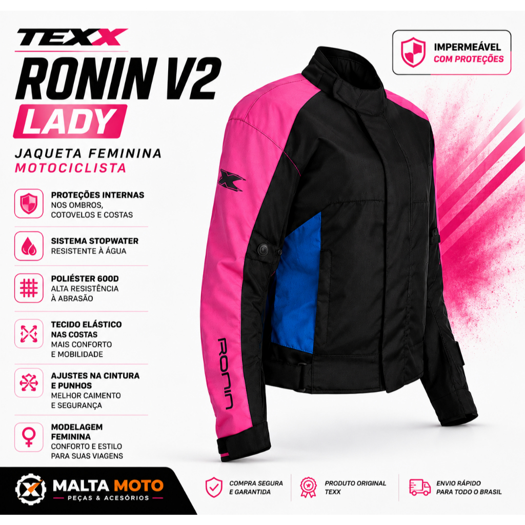 Jaqueta Feminina Motociclista Moto TEXX Ronin V2 LD LADY Impermeável com Proteções Preto/Rosa/Azul