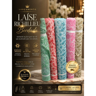 Tecido Laise Bordada Richelieu Premium Floral 1,30m Largura 100% Poliéster Renda Lese