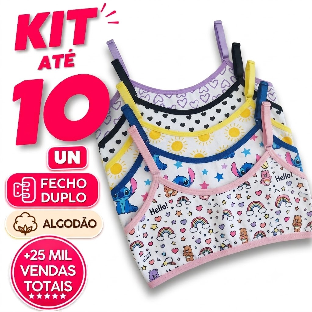 Kit Sutiã Infantil Algodão Estampado Básico Confortável Alta Qualidade Soutien Juvenil Maya Promoção