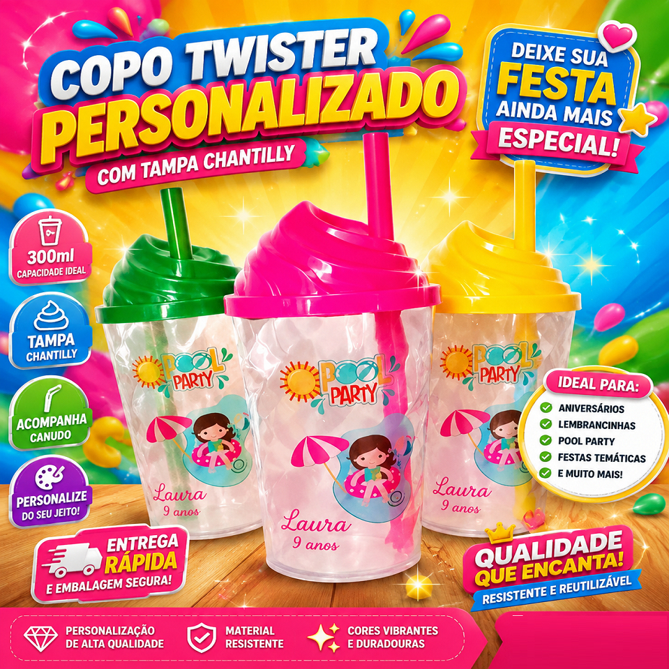 Copos Twister 300ml Glitter Personalizado com Tampas Chantilly Pool Party