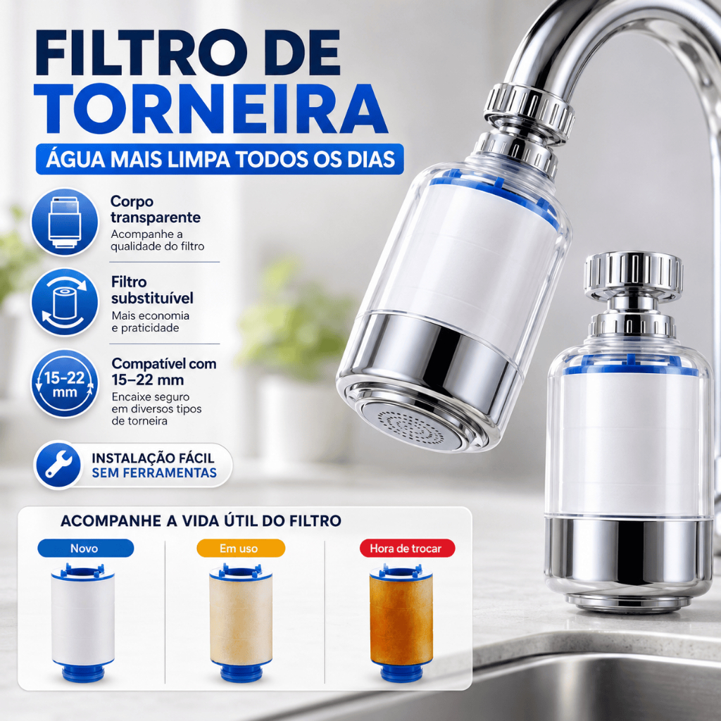Kitchen Faucet Filter 360° Rotating Water Purifier PP Cotton for Chlorine Removal Filtro de Torneira com Carvão Ativado