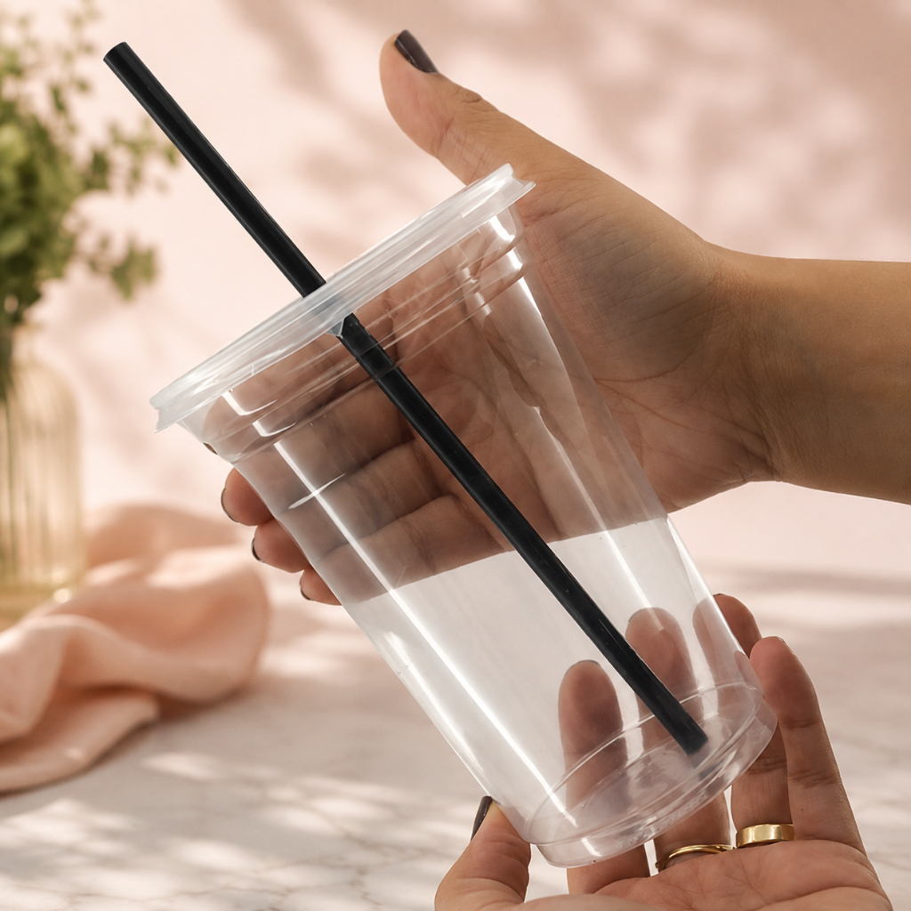 100 COPOS 400ml TRANSPARENTE COM TAMPA RETA COM FURO. PARA SUCOS E BEBIDAS (CHOCO)