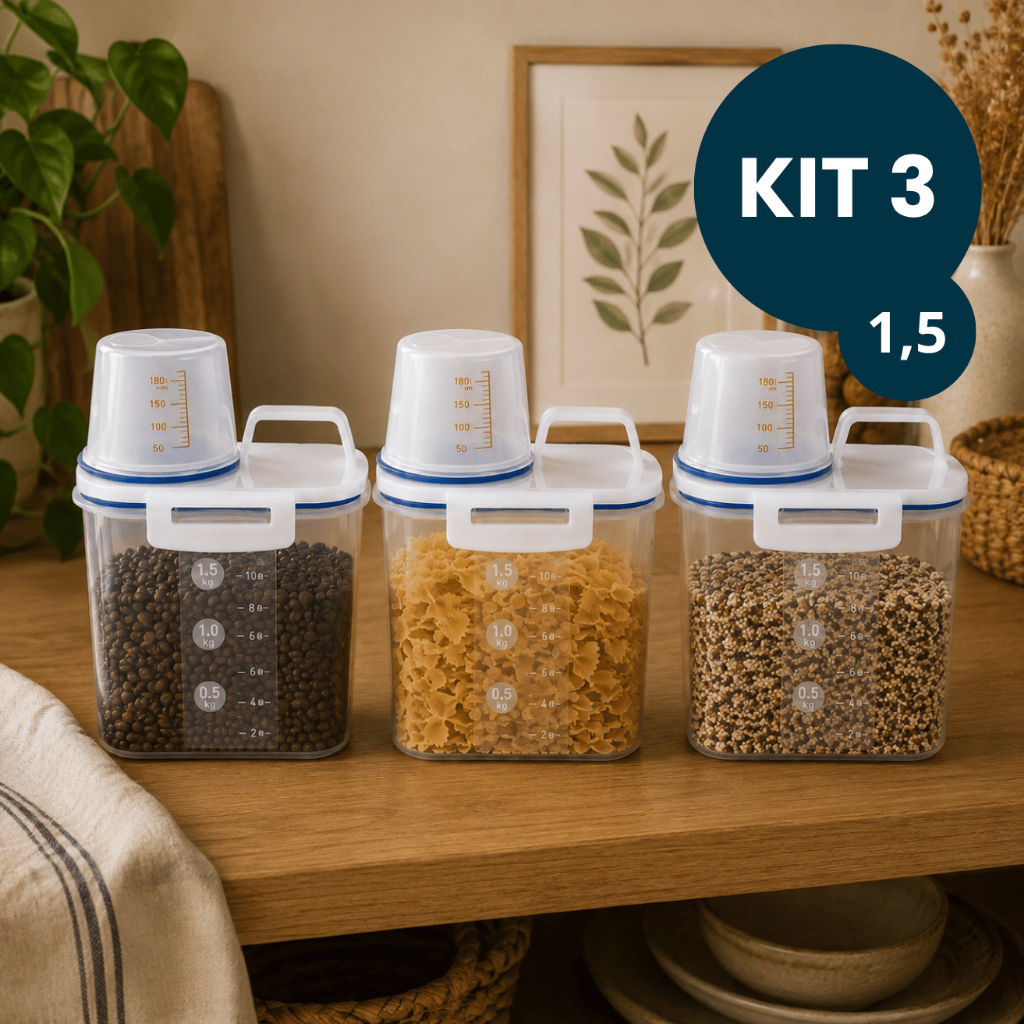 Kit 3 Pote Hermético Alimentos Arroz Mantimento Café Sabão Ração Copo Bico Dosador Tampa 1,5 L