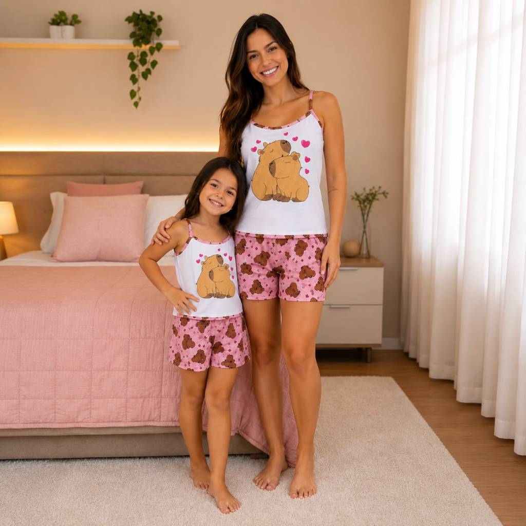 Kit 1 Pijama Mãe + 1 Pijama Filha Alça da Capivara Short Dool Adulto Infantil Tal Mae Tal Filha Baby Dool Alcinha