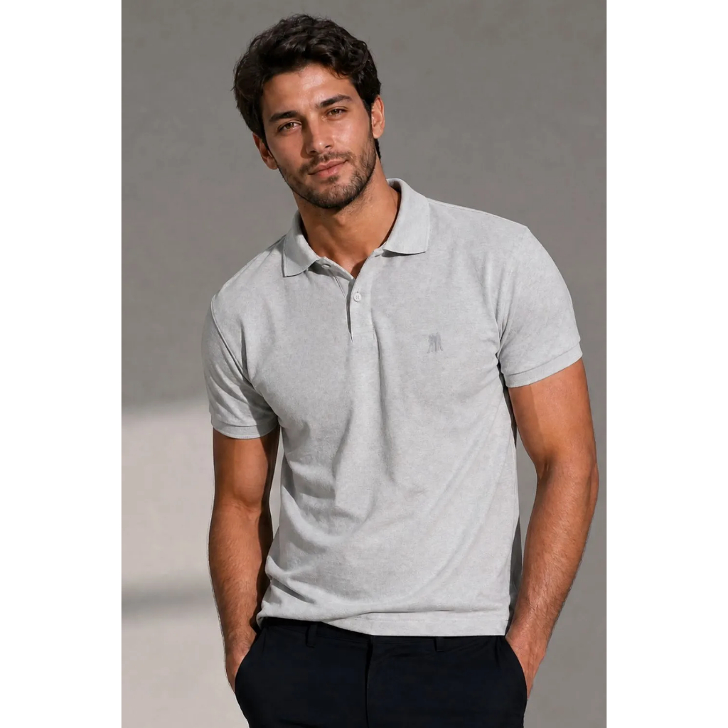 Polo Piquet Lisa Com Botão Polo Wear Cinza Claro