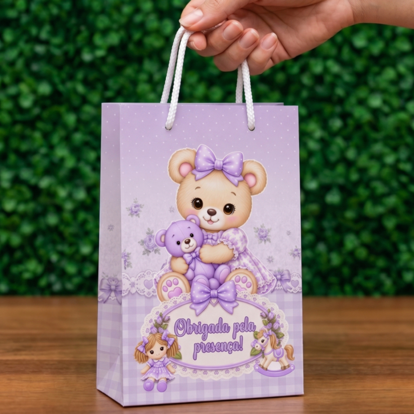 SACOLINHA PERSONALIZADA URSINHA LILAS- ANIVERSÁRIO-MESVERSARIO-BATIZADO-LEMBRANCINHA-PEGUE E MONTE