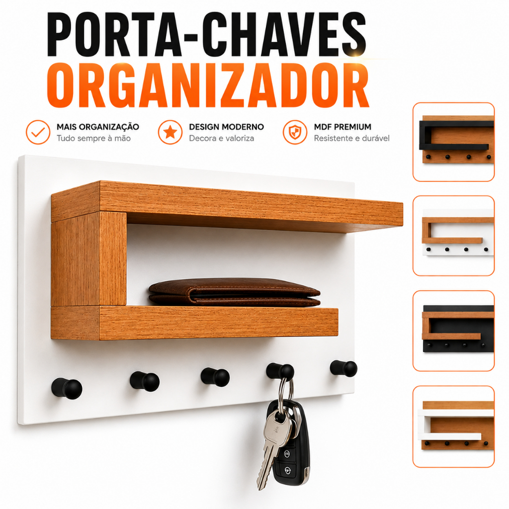 Porta Chaves Organizador de Parede com Prateleira em MDF Premium | Hall de Entrada | Carteira e Óculos | Design Moderno