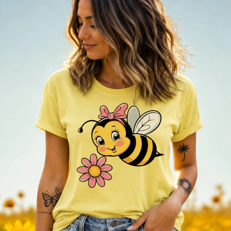 Camiseta Feminina Estampa Abelha Delicada Confortável Tecido Leve Algodão