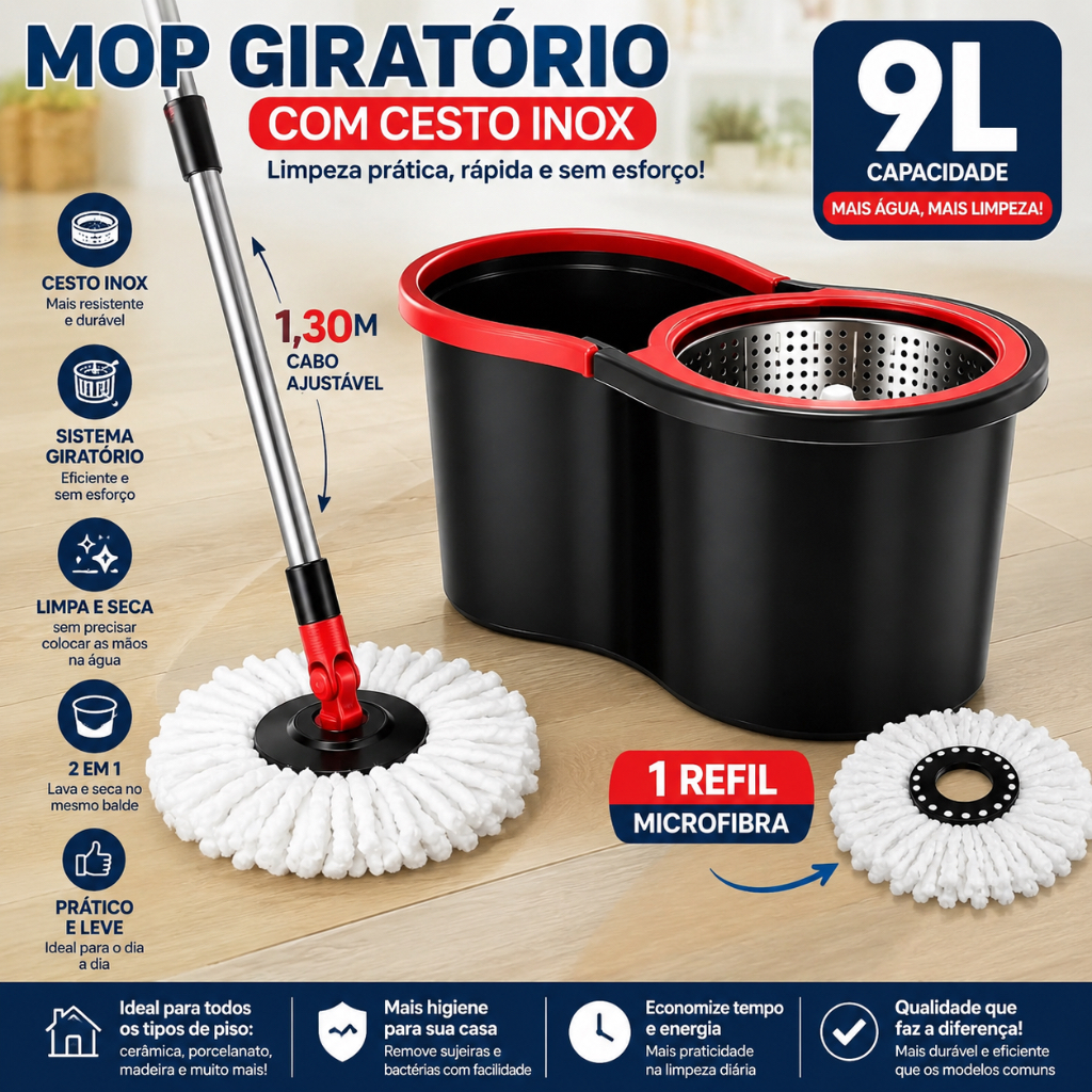 Mop Giratório Profissional com Balde e Centrífuga inox 9L + Refil e Cabo Reforçado 1,30 aço inox