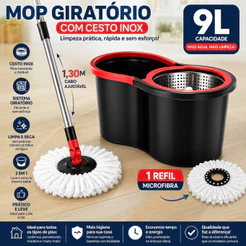Mop Giratório Profissional com Balde e Centrífuga inox 9L com Refil e Cabo Reforçado 1,30 aço inox Giratorio