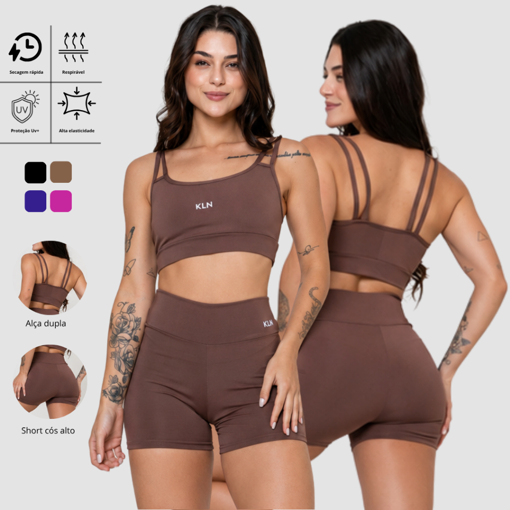 Conjunto Fitness Academia Feminino Básico Top Alça Dupla Short Cintura Alto Zero Transparência Blackout Confortável