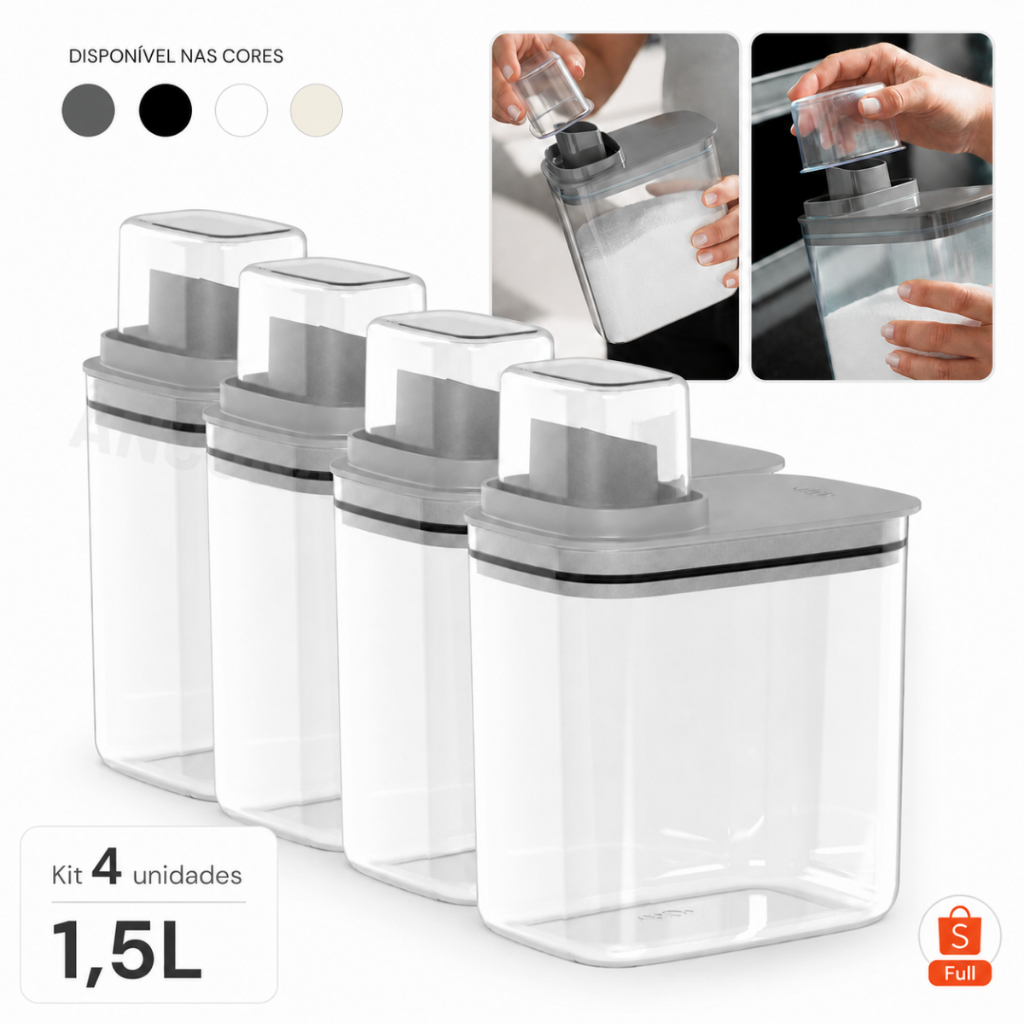 Kit 4un Dispenser Flow 1,5 Litros Porta Sabão Líquido em Pó Amaciante Alvejante Organizador Armário de Lavanderia