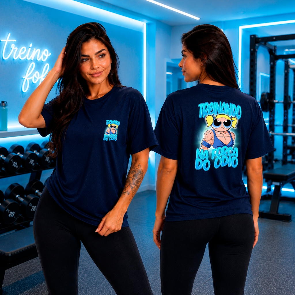 Camiseta Feminina Lindinha Treinando na Força do Ódio Academia Fitness Frente e Costas