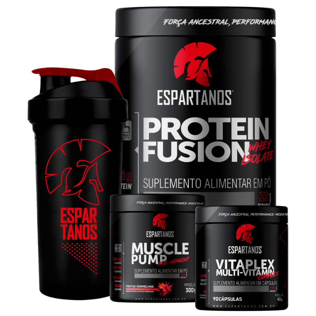 Kit Whey Fusion + Pré Treino + Multivitamínico + Shaker - Espartanos