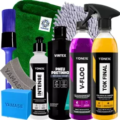 Kit Limpeza Automotiva Carro Vonixx V-Floc Cera Liquida Tok Final Renovador Intense Pneu Pretinho