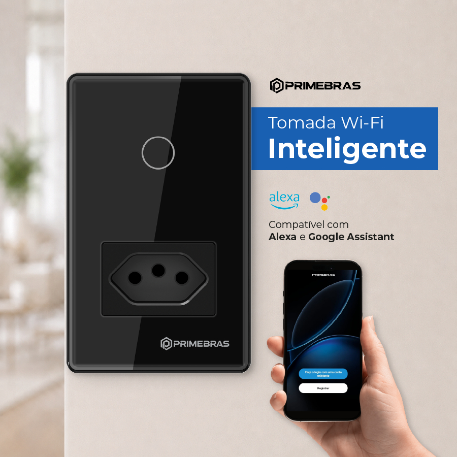 Interruptor e Tomada Inteligente Primebras TP1011 Wi-Fi 1 Botão Touch Vidro App Assistente de Voz Google e Alexa Bivolt
