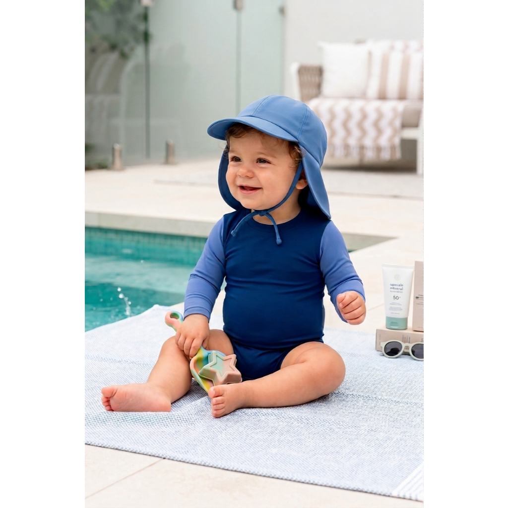 Body + Boné UV Bebê Proteção Solar UV 50 + Praia Verão Menino Menina Premium