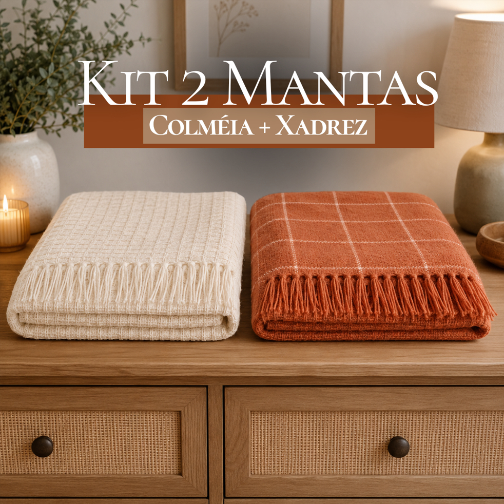 Kit 2 Mantas Algodão Sofá Cama Decoração Pronta Colmeia 2,40x2,50 + Xadrez Grid 2,40x1,80