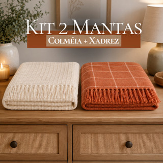 Kit 2 Mantas Algodão Sofá Cama Decoração Pronta Colmeia 2,40x2,50 + Xadrez Grid 2,40x1,80