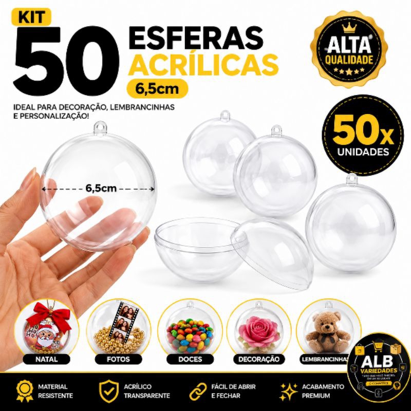 Kit 50 Esferas Acrílicas Transparentes 6.5cm Esfera Bola De Natal Para Foto Lembrancinha Miniaturas Enfeite