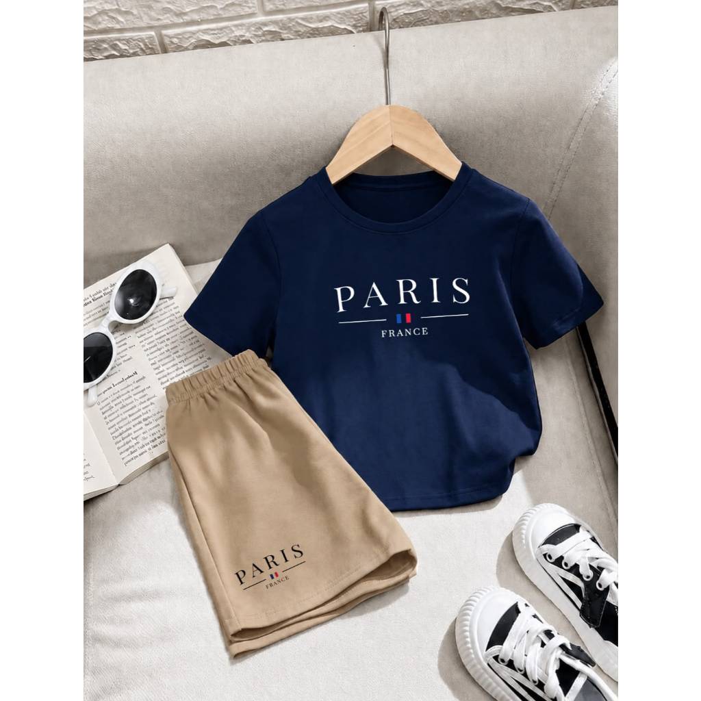 Conjunto Infantil Masculino Camiseta Básica e Short de Moletom Confortável para Menino Estampa Paris