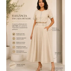 conjunto feminino + saia evasê + blusa + bege +azul marinho