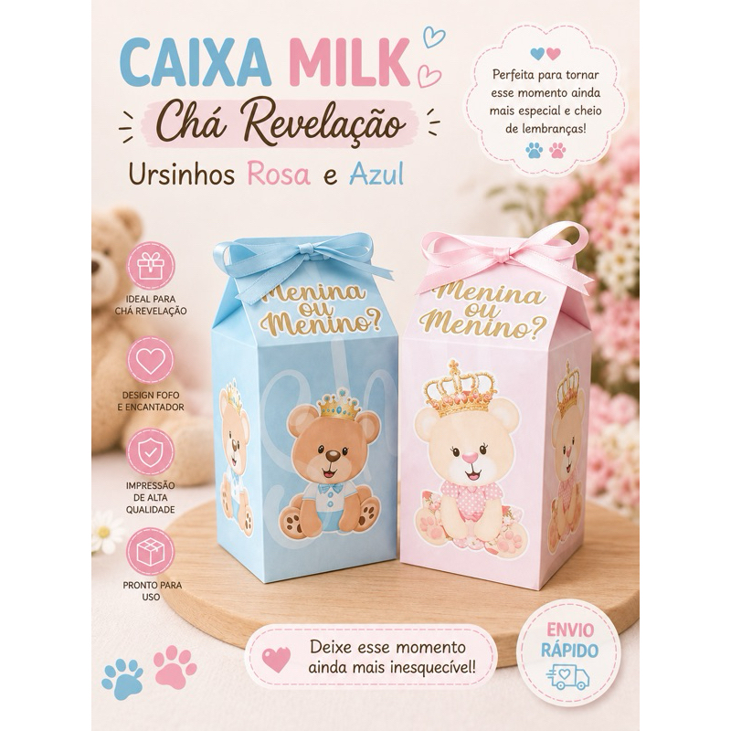 Kit caixas Milk personalizadas Cha Revelação Ursinho Ursinha azul rosa