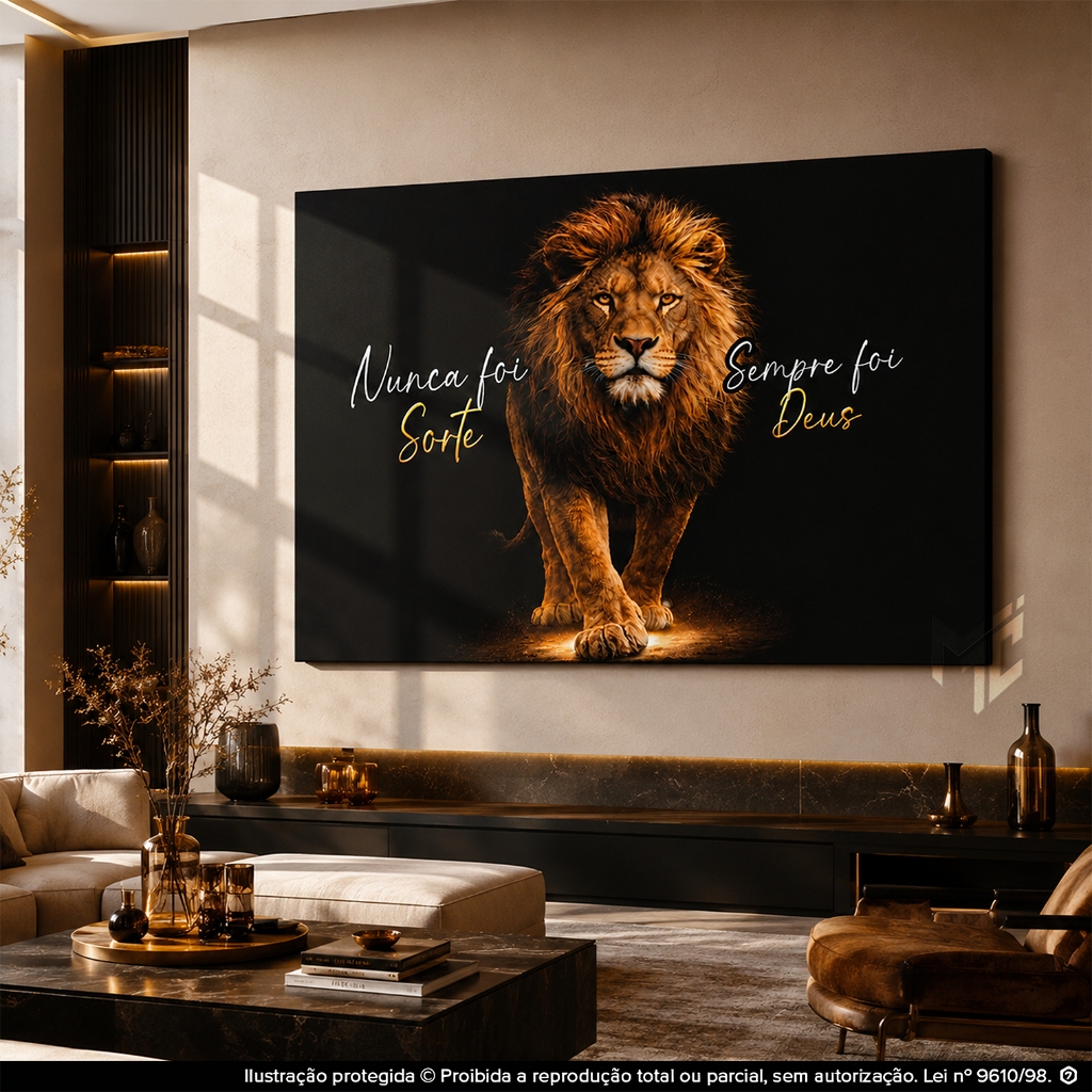 Quadro Decorativo Leão Fundo Preto Nunca Foi Sorte Sempre Foi Deus Religioso Cristão
