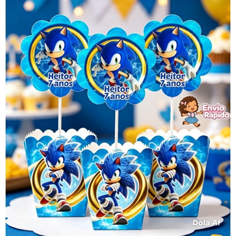 kit de Centro de Mesa Personalizado Caixa Cachepot Sonic Cachepô Enfeite Arranjo